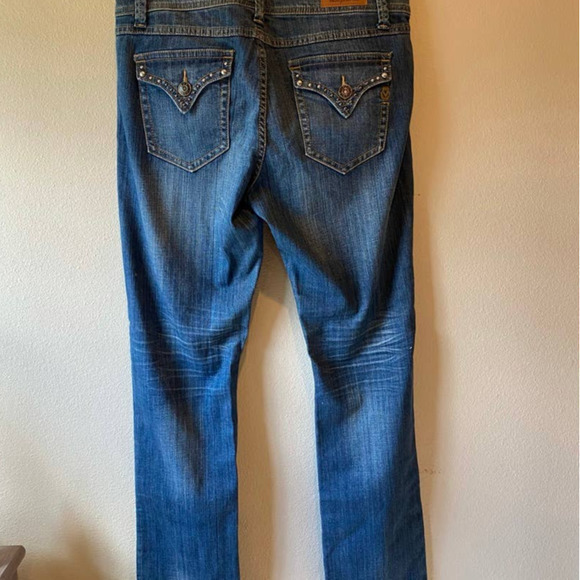 Distressed Denim Jeans Embellished Pockets Dark‎ Wash Blue Size 12 - Picture 3 of 7